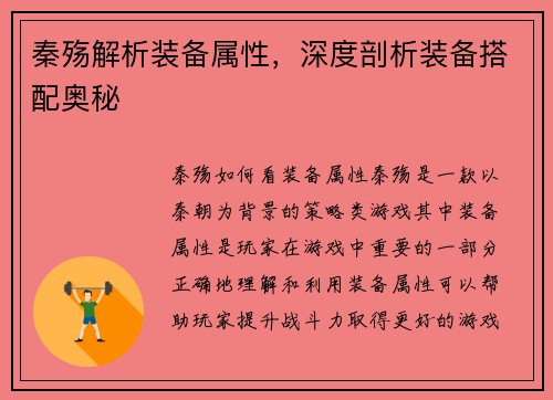 秦殇解析装备属性，深度剖析装备搭配奥秘